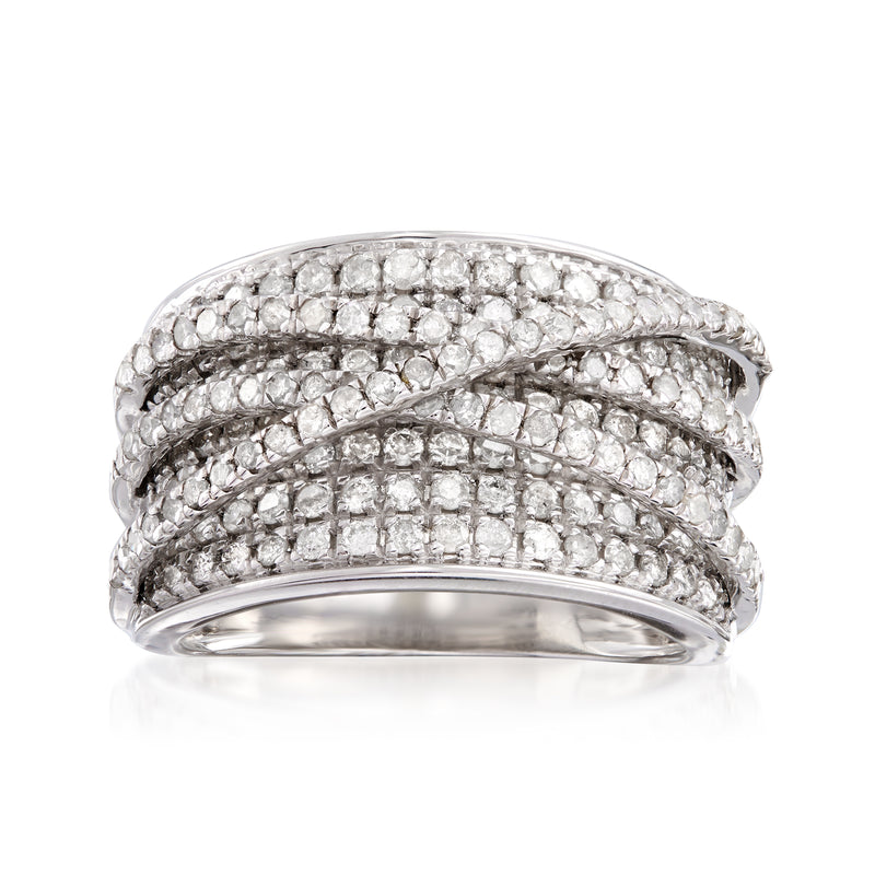 Sterling silver diamond highway ring with multi-row clear stones, polished band