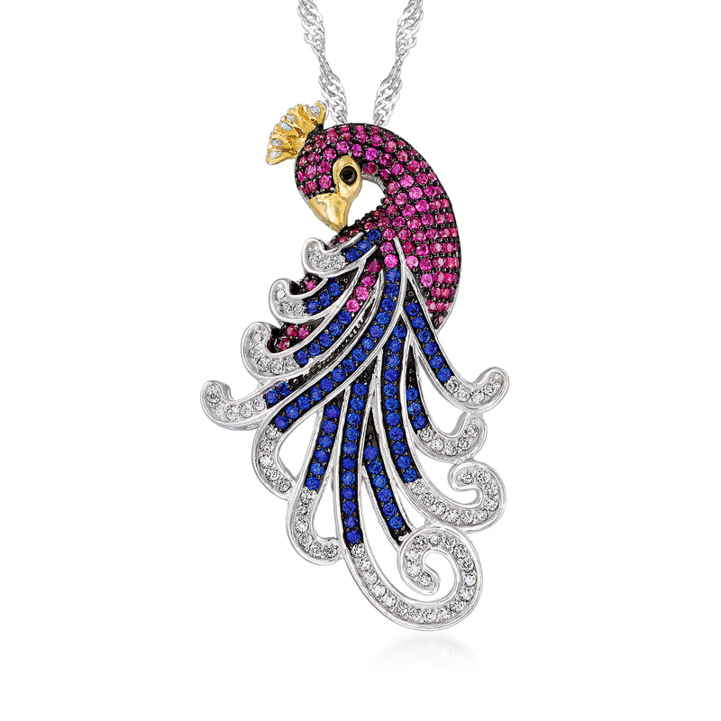 Peacock pendant necklace in sterling silver with pink, blue, and clear CZ stones