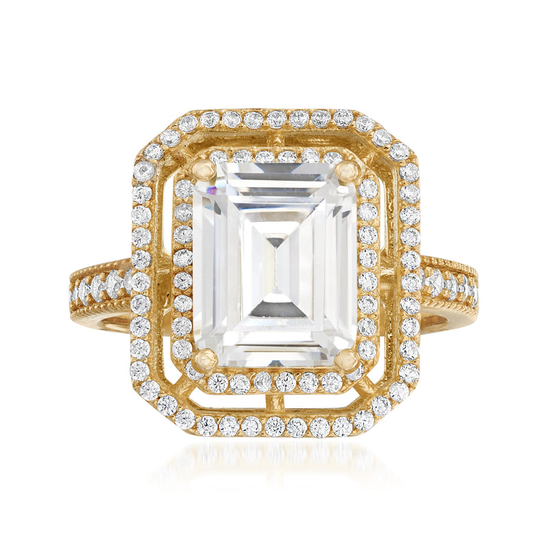 Gold-tone CZ ring with square center stone and double halo of round stones