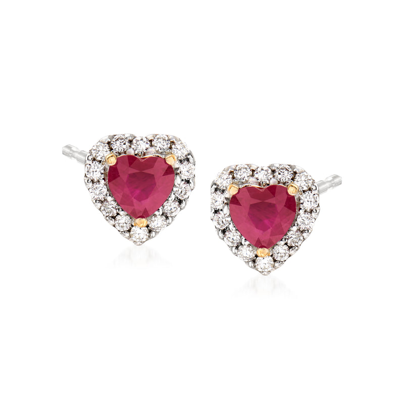 Two-tone gold heart stud earrings with pink ruby center and diamond halo stones