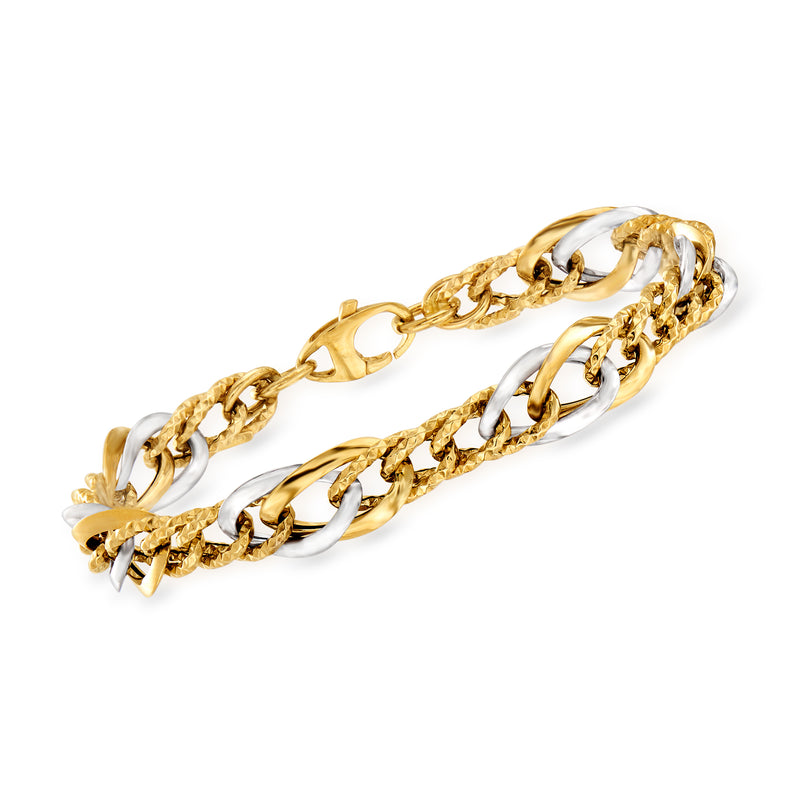 Two-tone 14kt gold link bracelet with alternating gold and silver-toned chain links