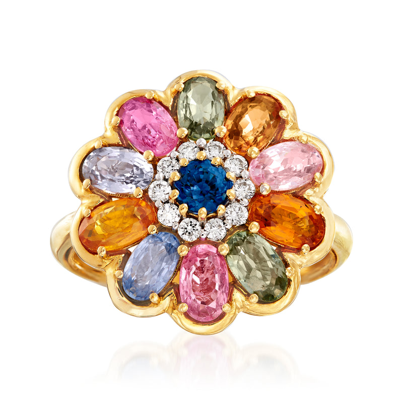 18kt yellow gold flower ring with multicolored sapphire petals and diamond center