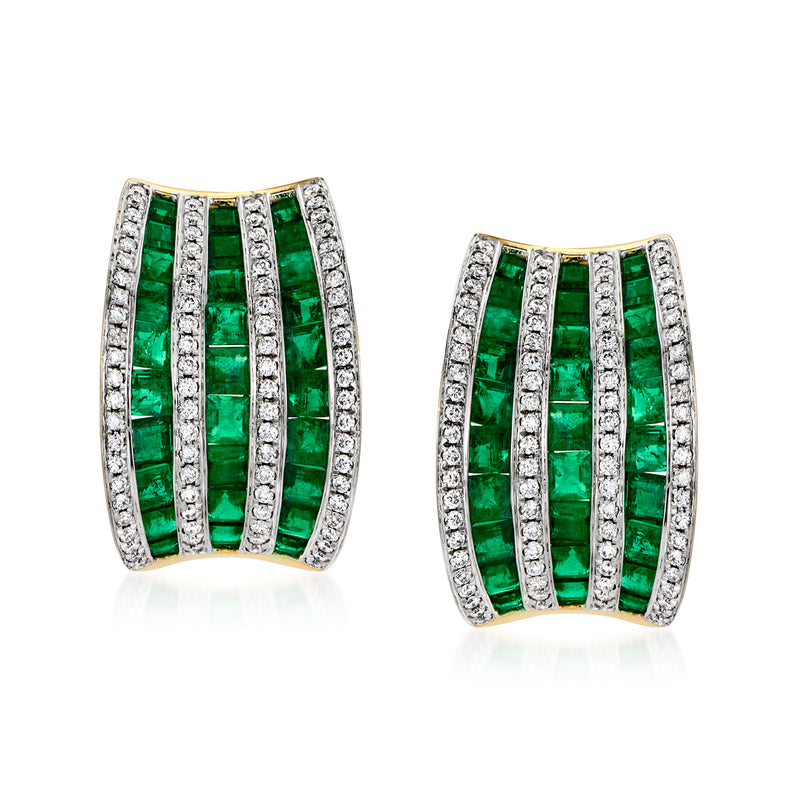 Emerald green multi-row hoop earrings with diamonds, 18k yellow gold
