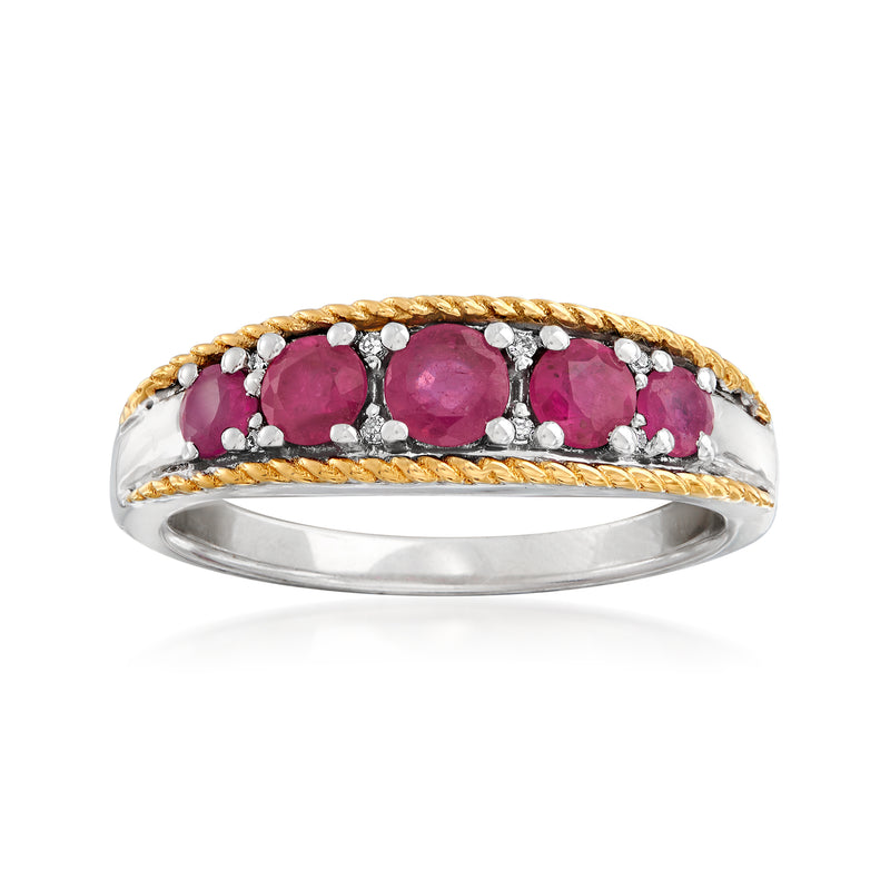 Five-stone ruby ring with diamond accents, sterling silver and 14k yellow gold, pink stones