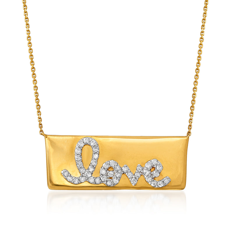 14kt yellow gold diamond Love bar necklace with Love script and round stones