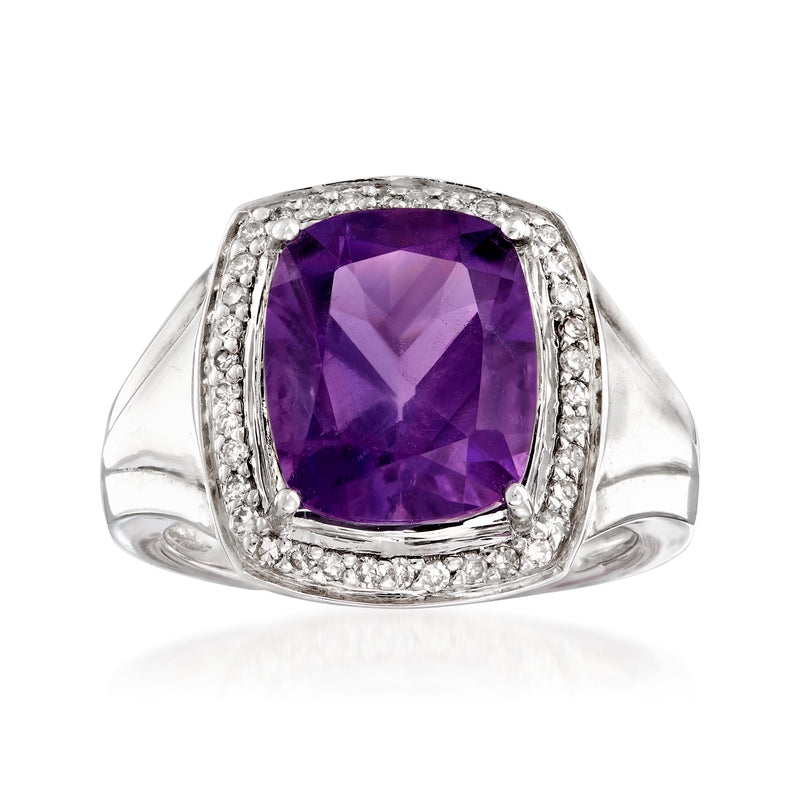 Sterling silver ring with cushion amethyst and diamond halo, prong-set