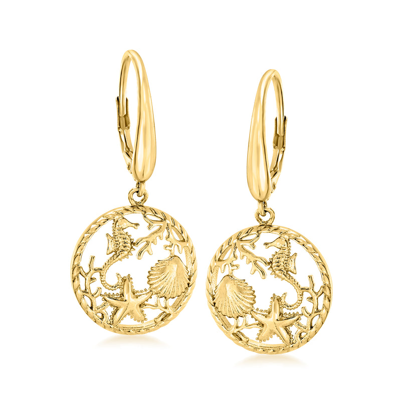 Gold sea life drop earrings with round medallion, starfish and coral, leverback backs