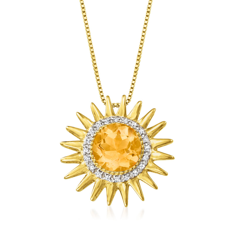 Gold sun pendant necklace with round citrine center and diamond halo
