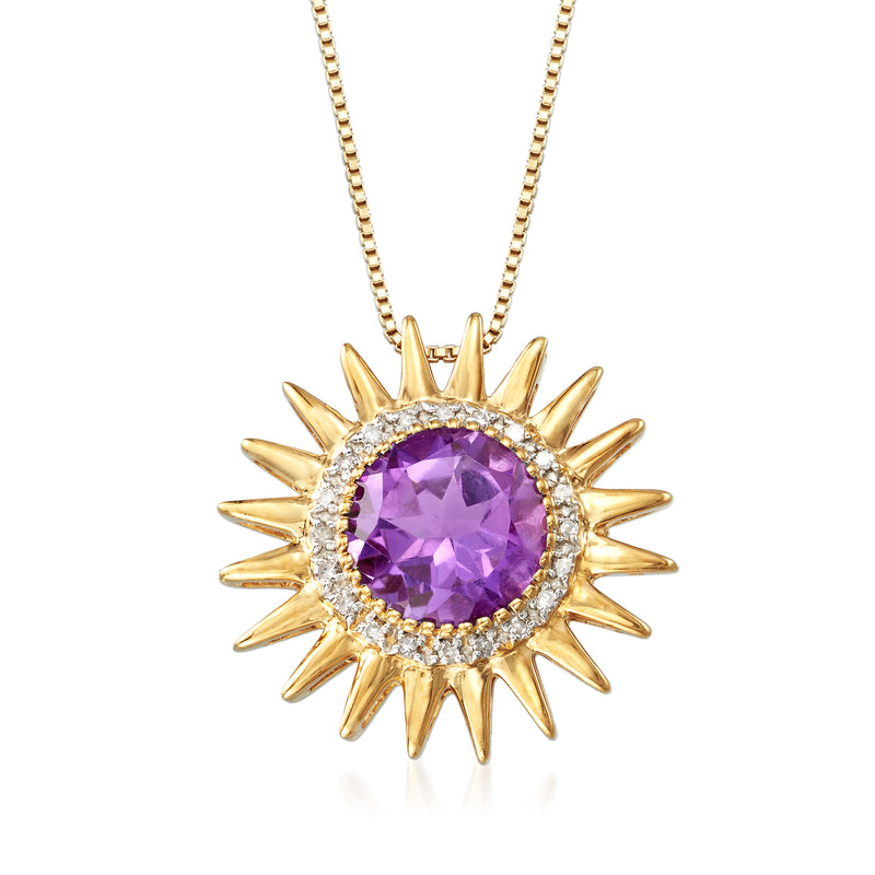 Gold sun pendant necklace with purple amethyst center and diamond-like halo