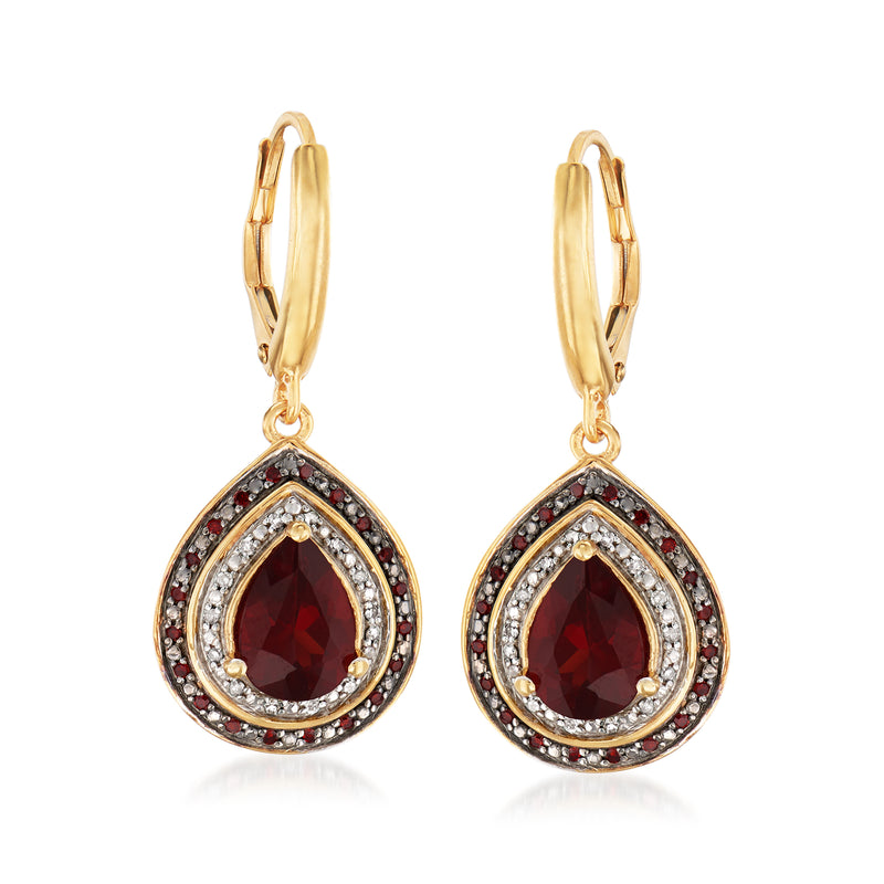 18kt gold over sterling leverback drop earrings with red garnet and white diamonds