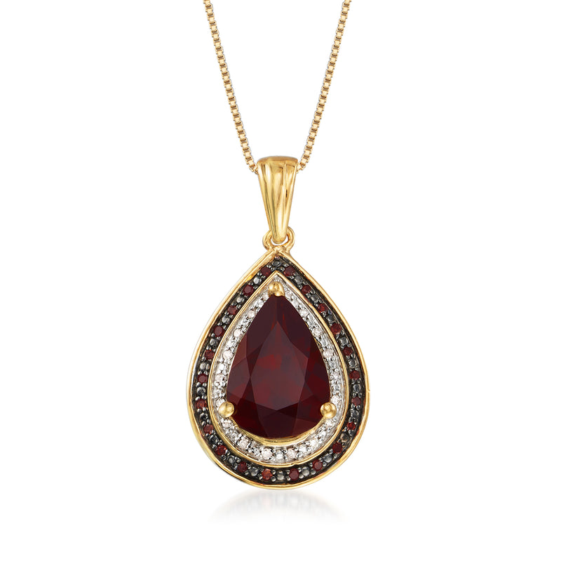 Gold teardrop garnet pendant necklace with diamond halo