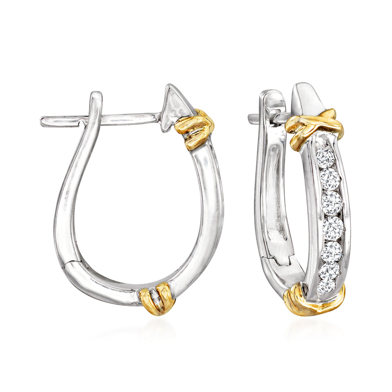 Sterling silver hoop earrings with diamond row and 14kt yellow gold accents