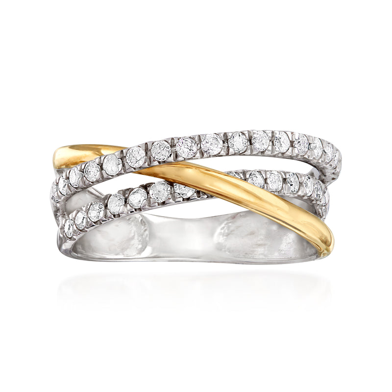 Crisscross diamond ring with sterling silver bands and a 14kt yellow gold accent