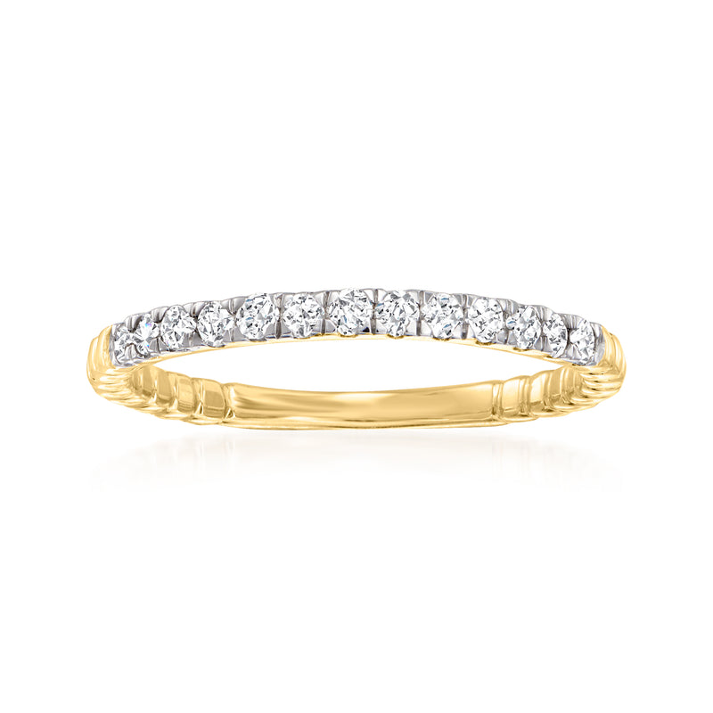 14kt yellow gold diamond rope ring with round diamonds across the top