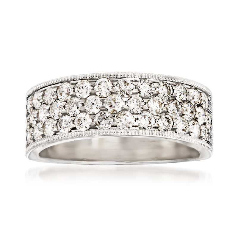 14kt white gold diamond three-row wedding band with pavé-set stones