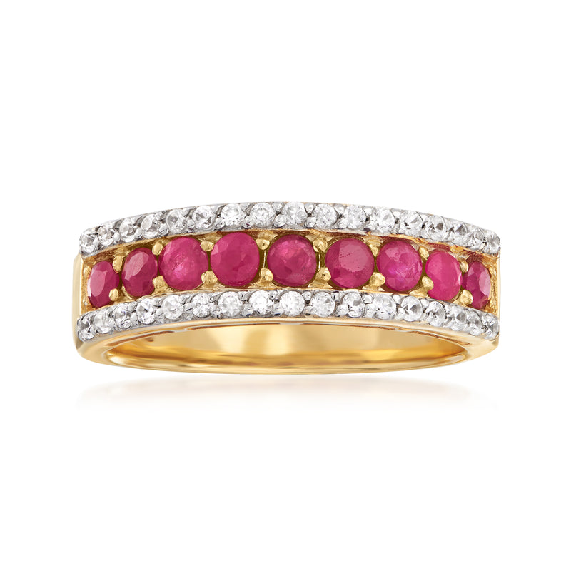 18kt gold over sterling ring with ruby-red oval stones and clear white zircon rows