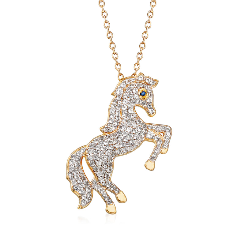Horse pendant necklace with white topaz and sapphire accent in gold over sterling