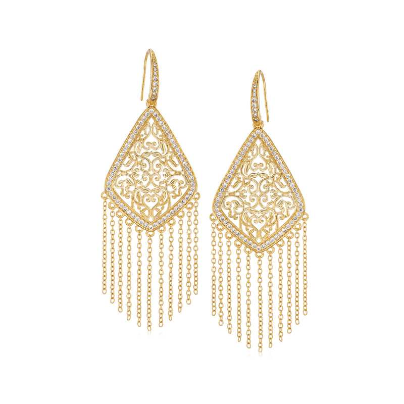 Gold-tone CZ chandelier drop earrings with ornate diamond cut and dangling fringe chains