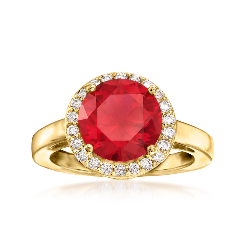 18kt gold over sterling ring with round red simulated ruby and CZ halo, sparkle prong set