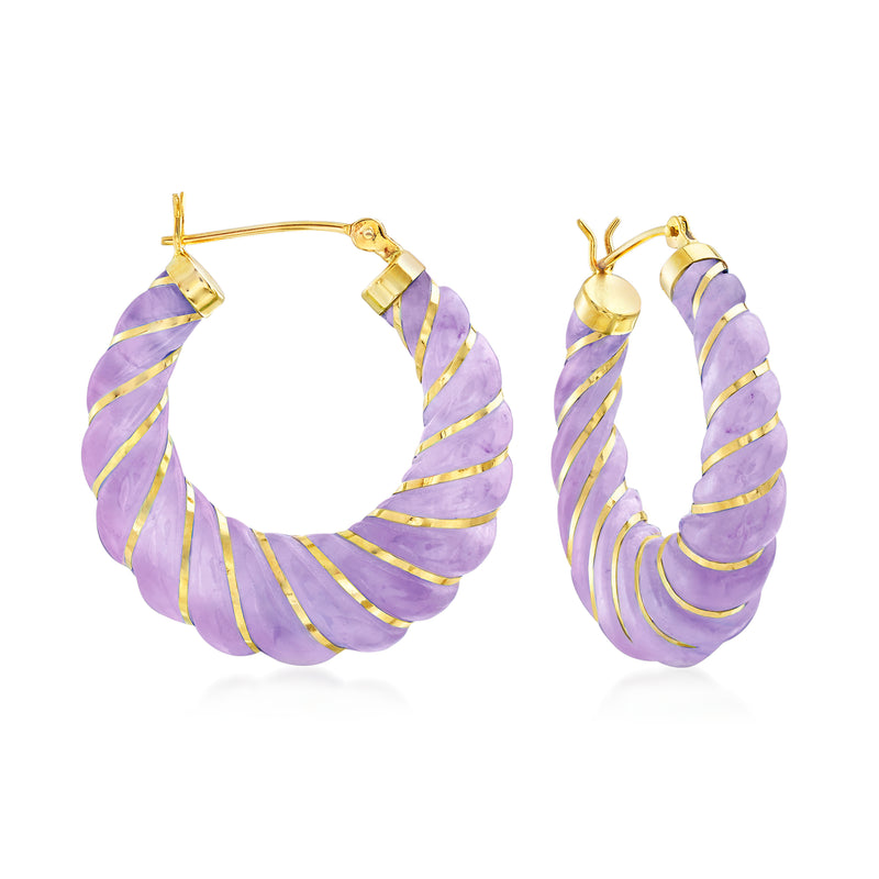 14kt yellow gold hoop earrings with lavender striped gemstone insets
