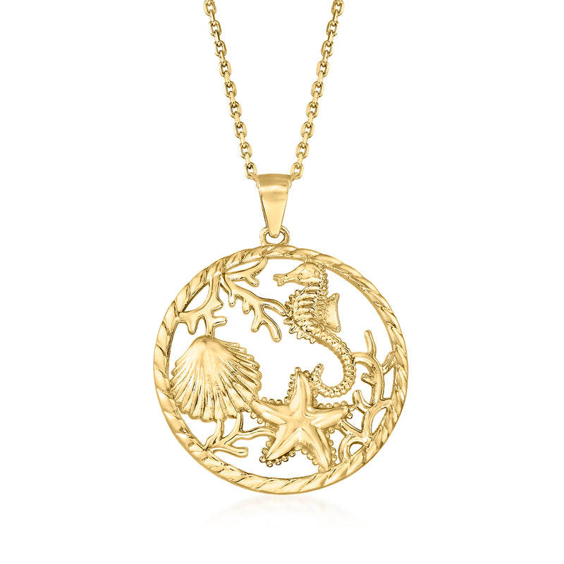 Gold over silver sea life round pendant necklace with sculpted seahorse and shell
