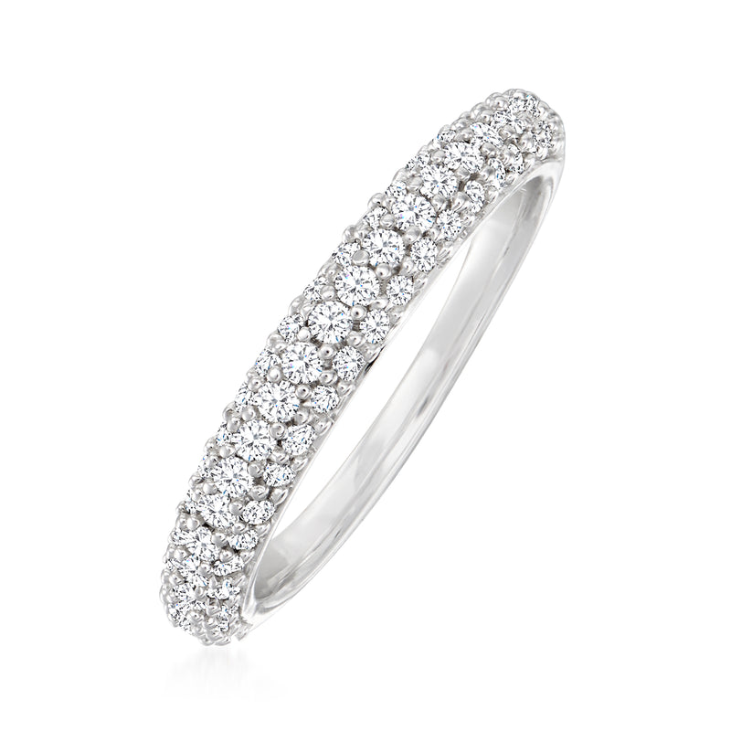Sterling silver pave diamond ring, angled view; slim band with round stones.