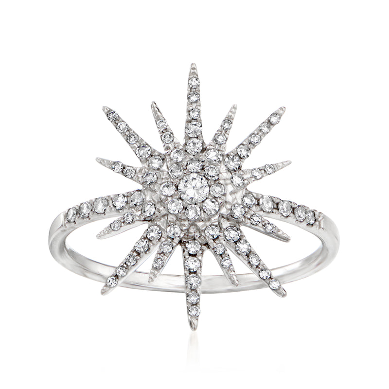 14kt white gold diamond starburst ring with round prong-set stones
