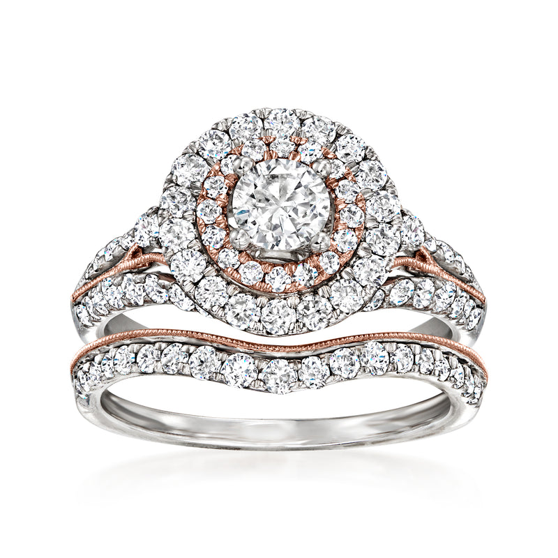 Two-tone gold diamond bridal set with round center and halo, with matching band