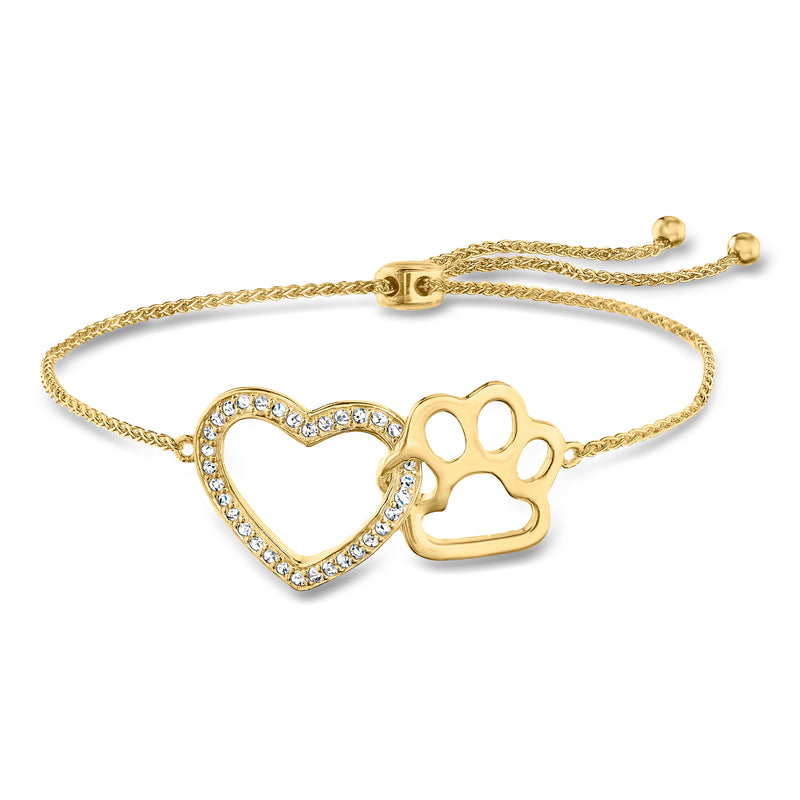 Gold over sterling bolo bracelet with white topaz heart and paw charms