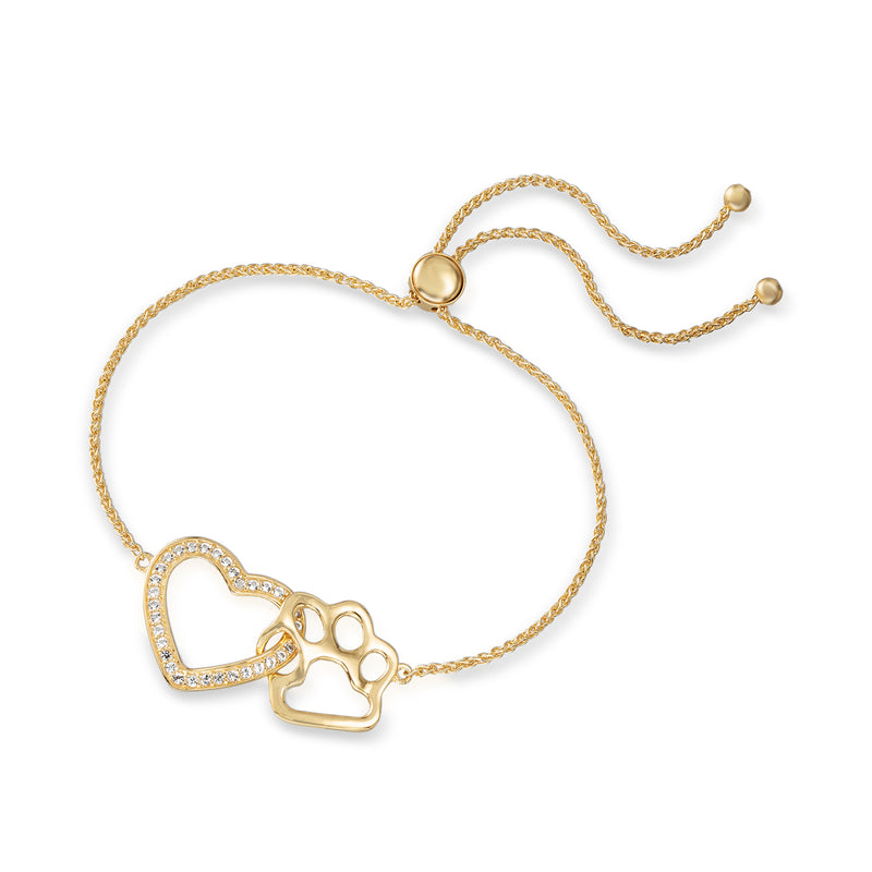 Gold over sterling bolo bracelet with white topaz heart and paw charms