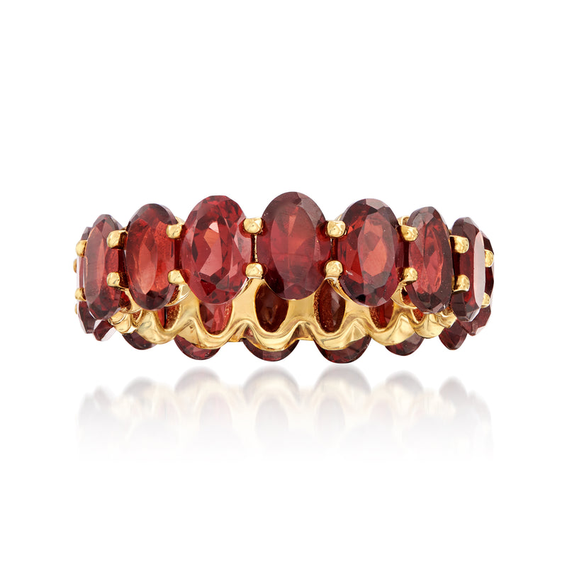 18kt gold over sterling eternity band with oval red garnet stones and gold prongs