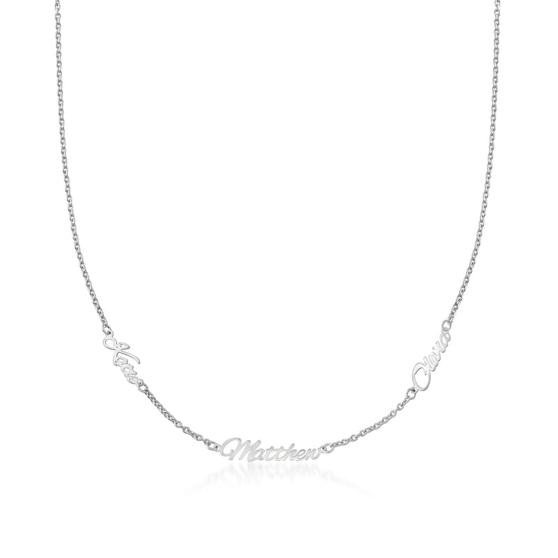 Sterling silver three-name station necklace with cursive name plates