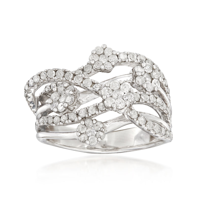 Sterling silver diamond highway ring with round floral clusters and split shank