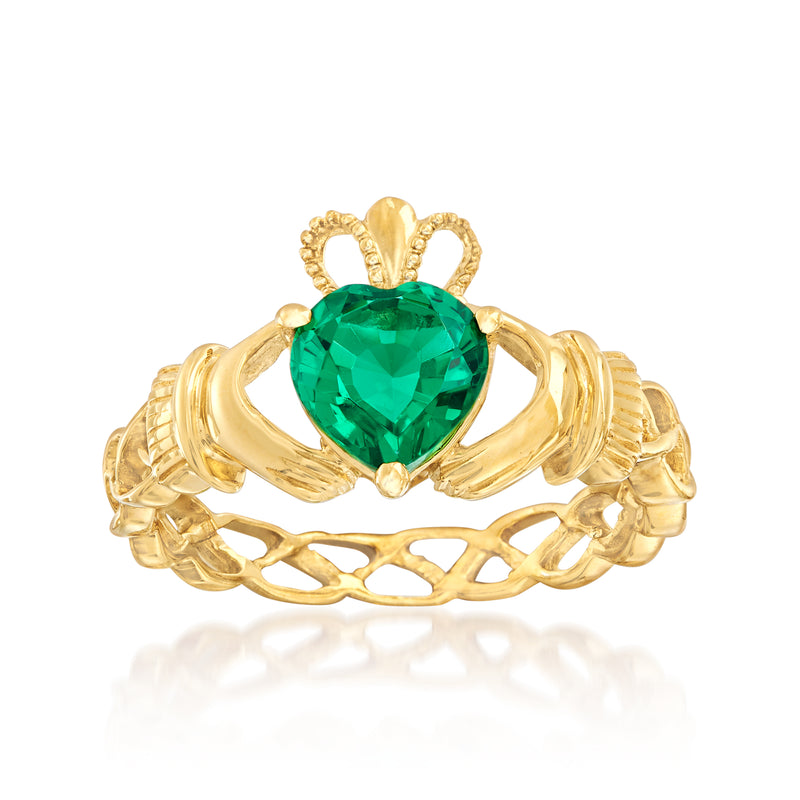 Gold-tone claddagh ring with oval green simulated gemstone heart setting