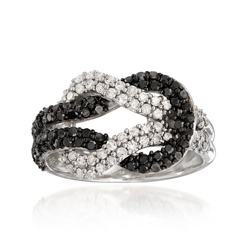Sterling silver diamond love knot ring with black and white stones