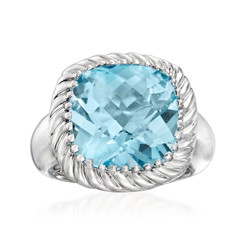 Sterling silver rope ring with sky-blue topaz and large square-cut gemstone