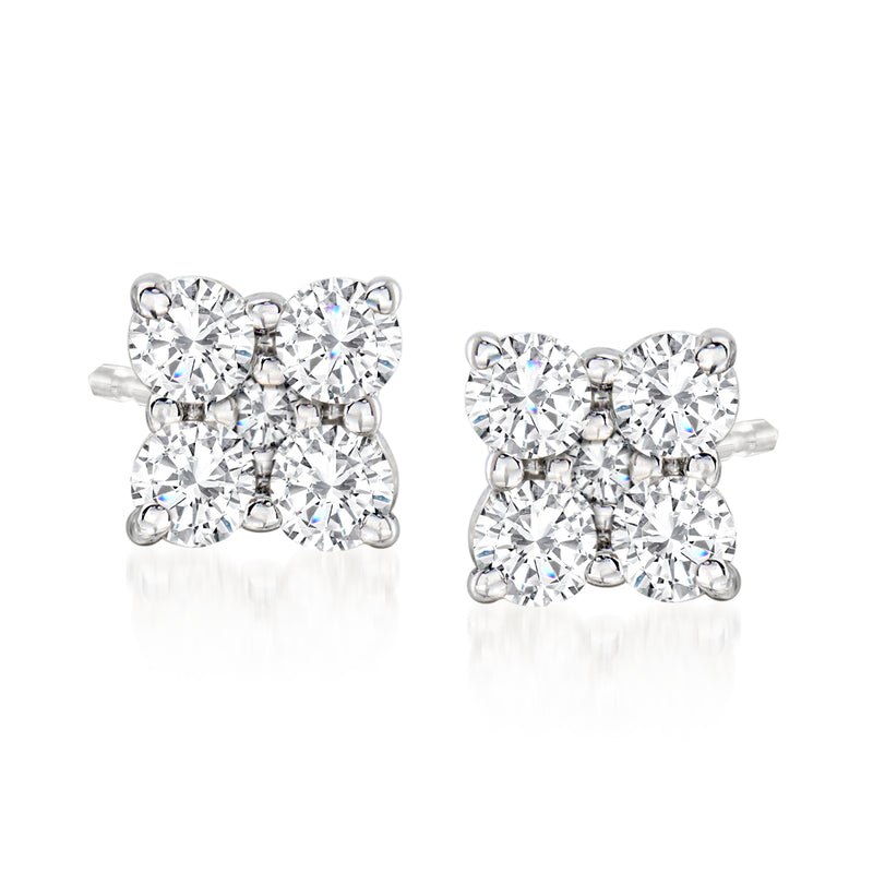 14kt white gold diamond flower stud earrings, round stones cluster, post backs