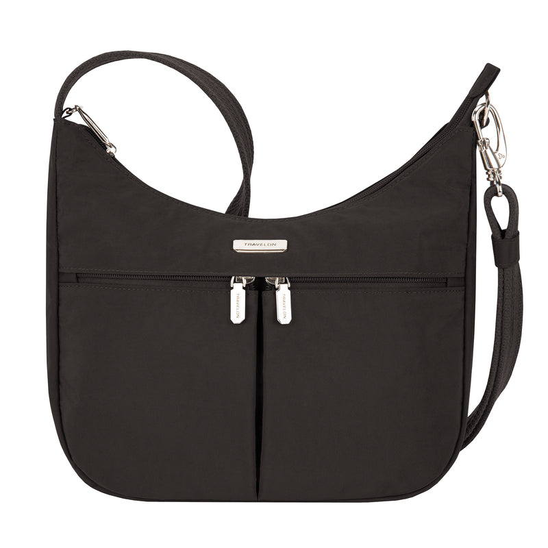 Black anti-theft hobo bag with crossbody strap and two front zip pockets