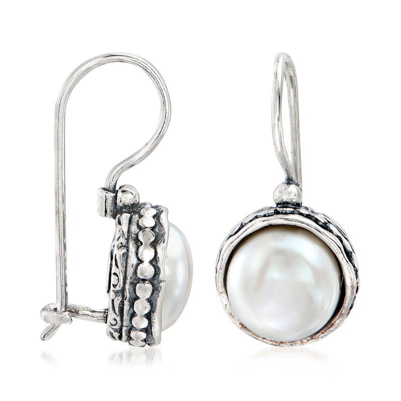 Sterling silver earwire drop earrings with round cultured pearl and hinged clasp