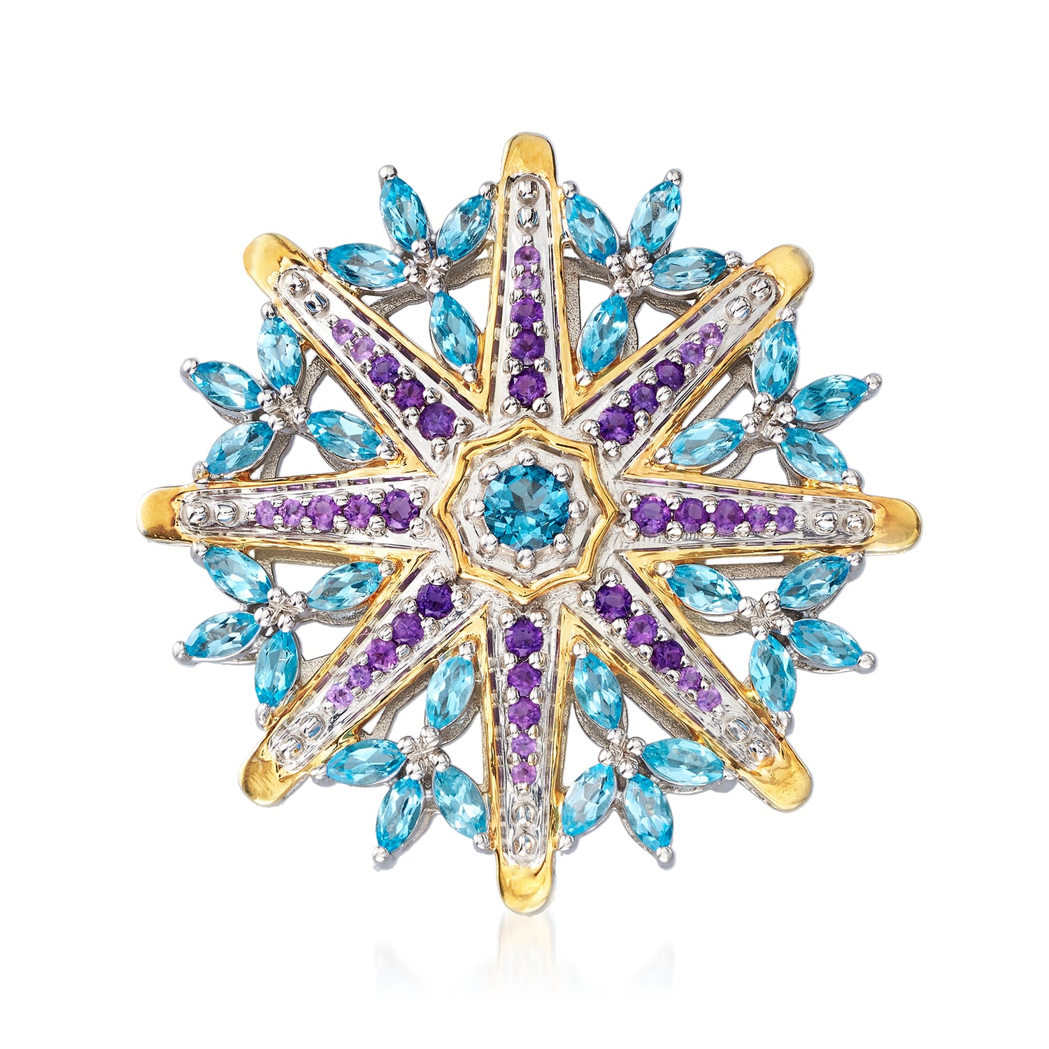5.50 ct. t.w. Sky Blue Topaz and 1.00 ct. t.w. Amethyst Wheel Pin in Two-Tone Sterling Silver