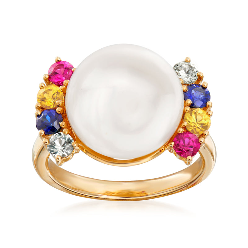 14kt yellow gold ring with round cultured pearl center and multicolor gemstone clusters