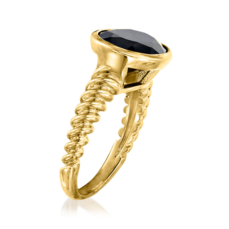Gold over sterling black onyx ring with twisted rope band and oval bezel