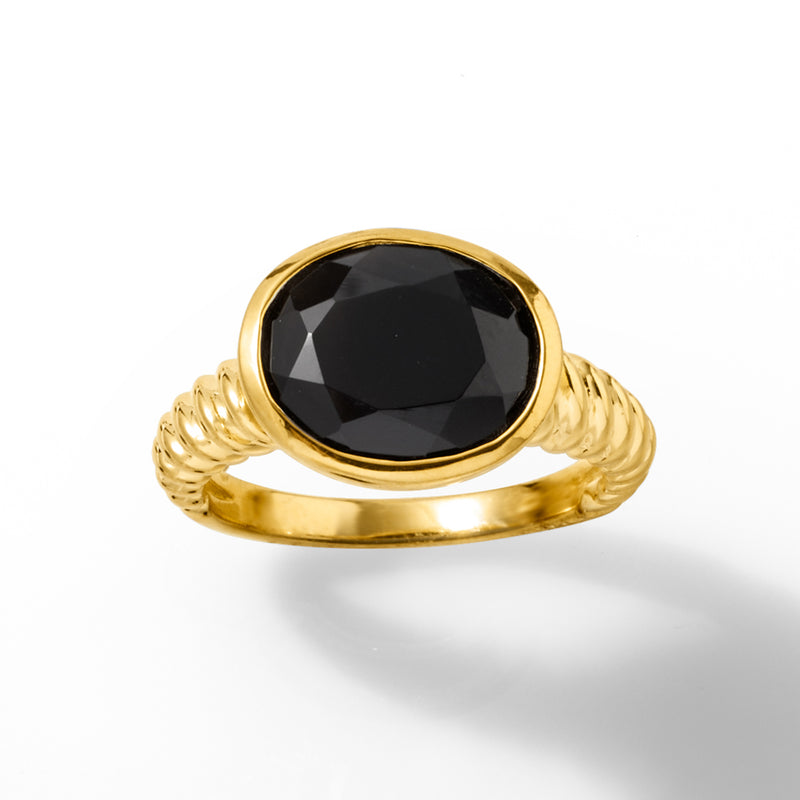 Gold over sterling black onyx oval ring with rope-textured band