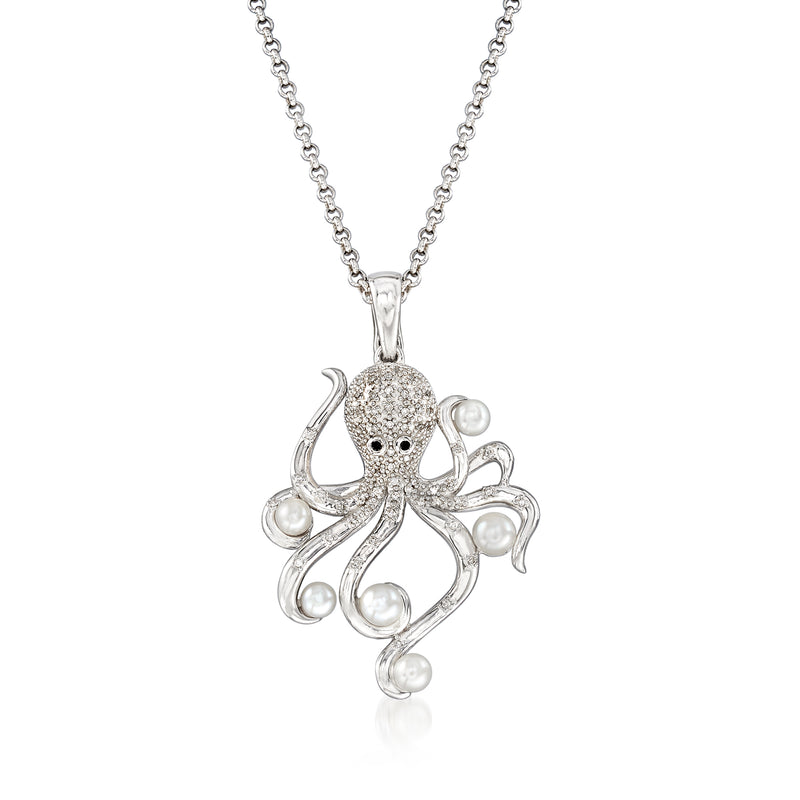 Sterling silver octopus pendant with cultured pearls, bowlike tentacles, diamond body