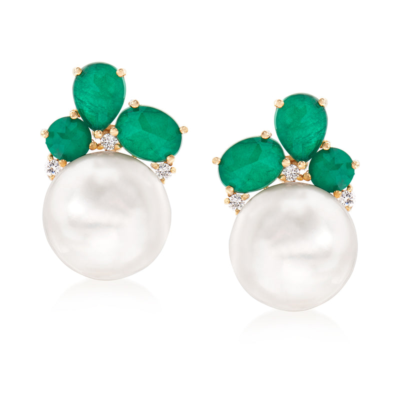 14kt yellow gold cultured pearl stud earrings with green emerald doublet drops and diamond accents