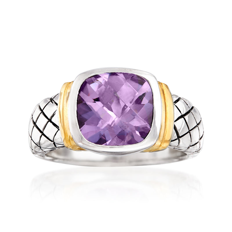Amethyst oval ring in sterling silver with 14k yellow gold accents and lattice shank