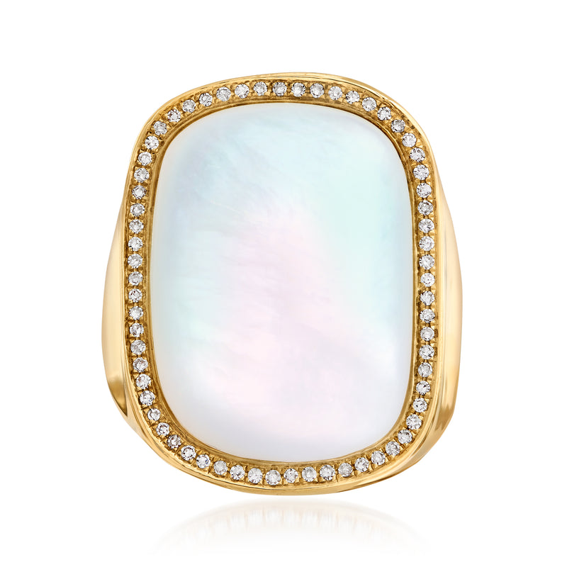 14kt yellow gold ring with oval mother-of-pearl and diamond border