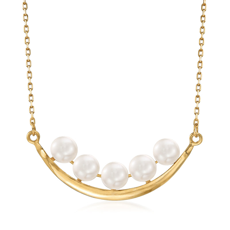 14kt yellow gold curved bar necklace with five white cultured pearl beads