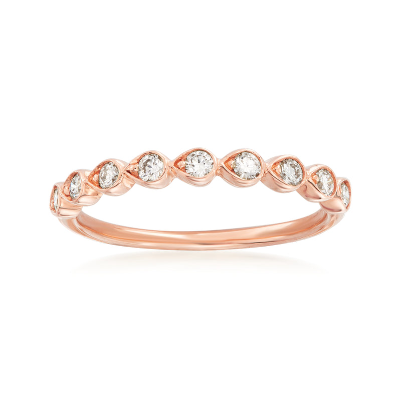 14kt rose gold diamond wedding ring with five round bezel-set stones