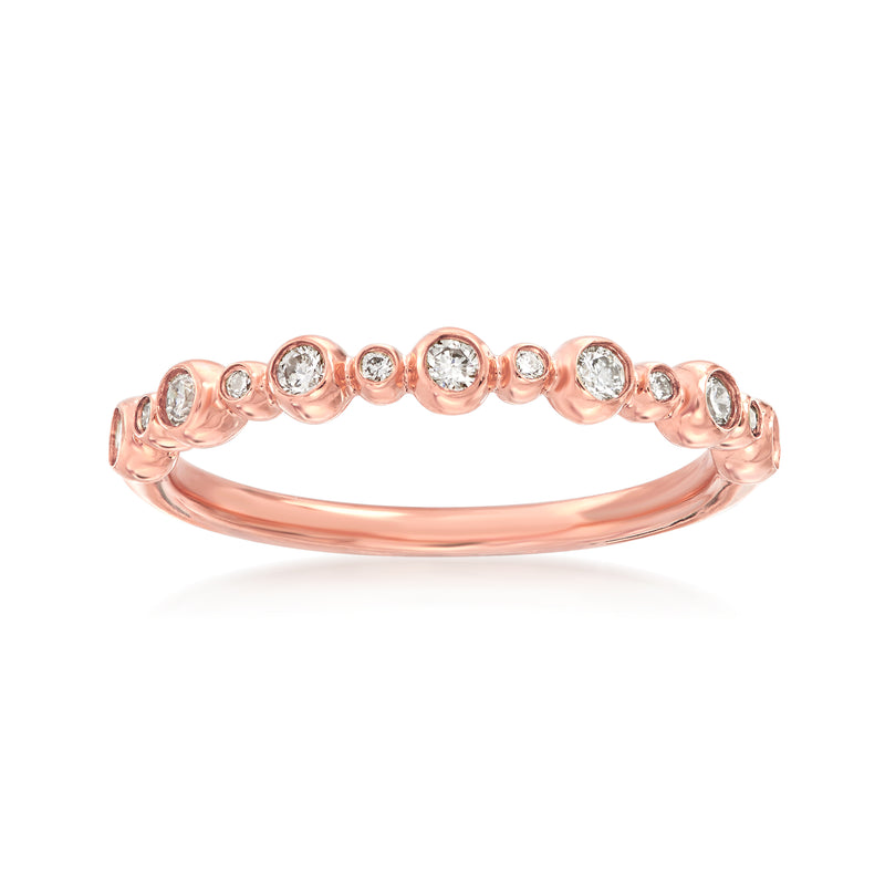 14kt rose gold diamond wedding ring with round bezel-set stones, scalloped band